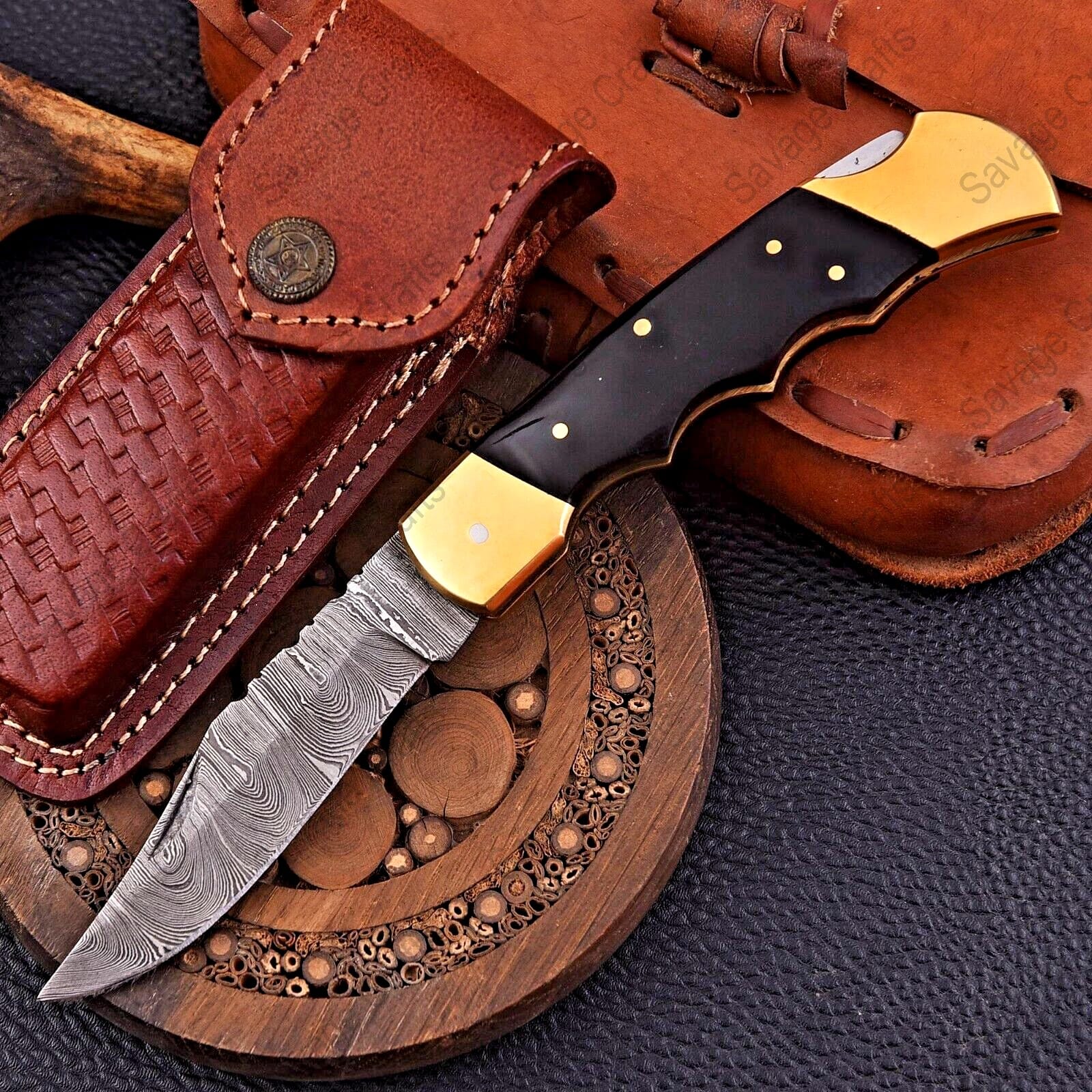 8.25″ Damascus Steel Folding/Pocket Knife – Buffalo Horn Handle