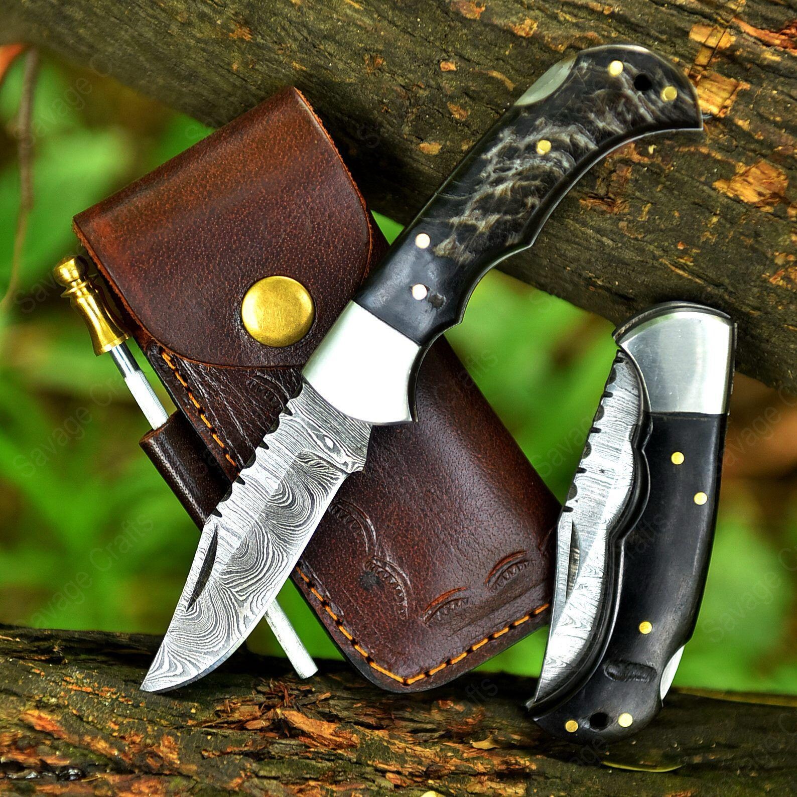 6.5″ Damascus Steel Folding/Pocket Knife – Ram Horn Handle