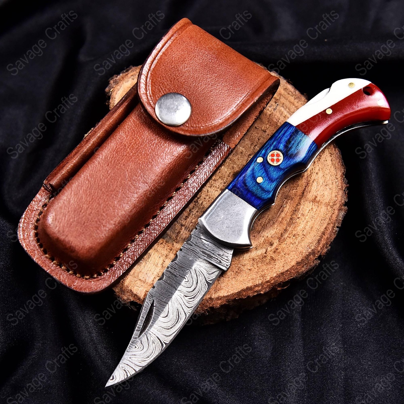 6.5″ Damascus Steel Folding/Pocket Knife – Bone & Wood