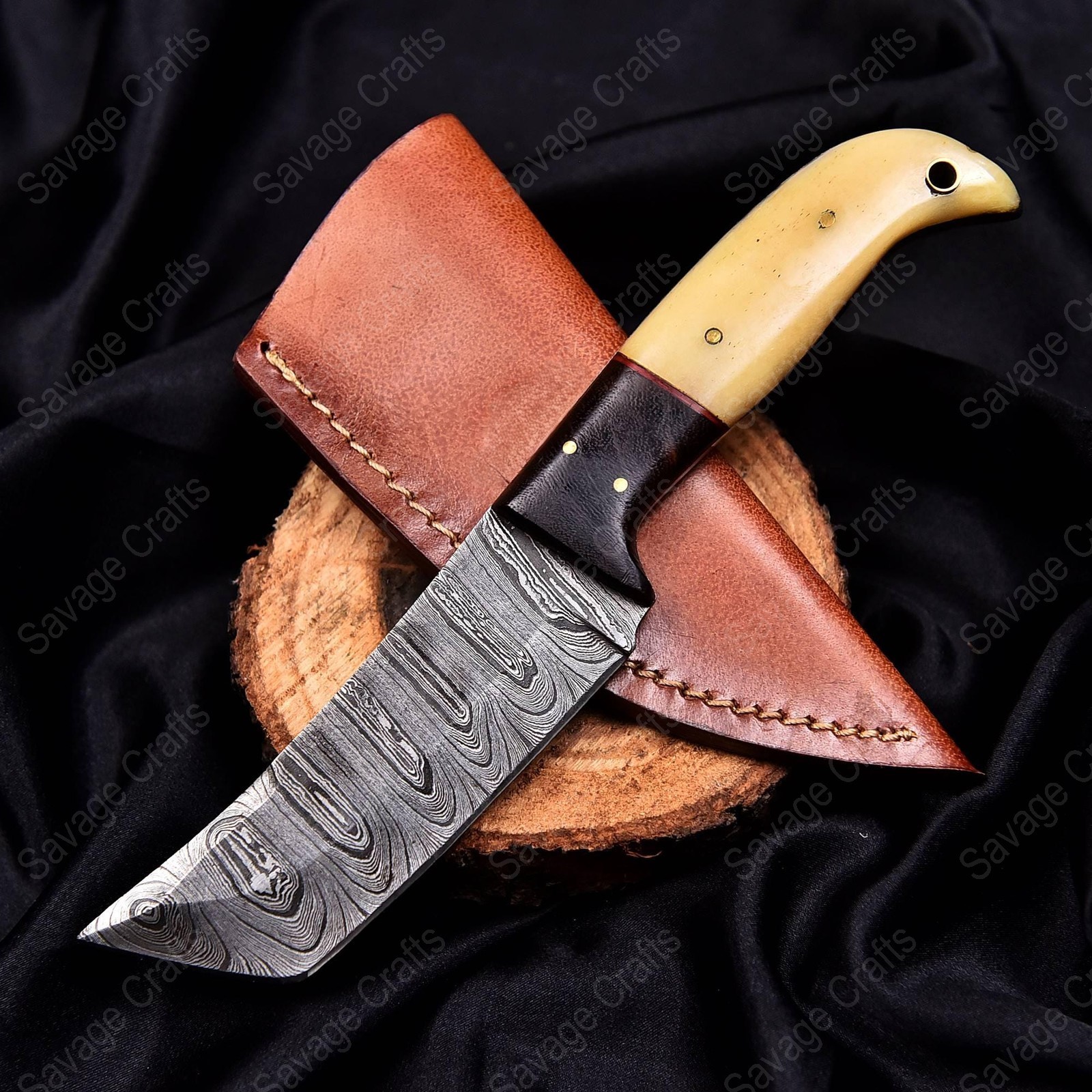 9.5″ Damascus Steel Fixed Blade Knife – Bone & Wood