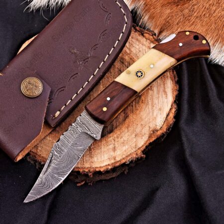 6.5″ Damascus Steel Folding/Pocket Knife – Wood & Bone
