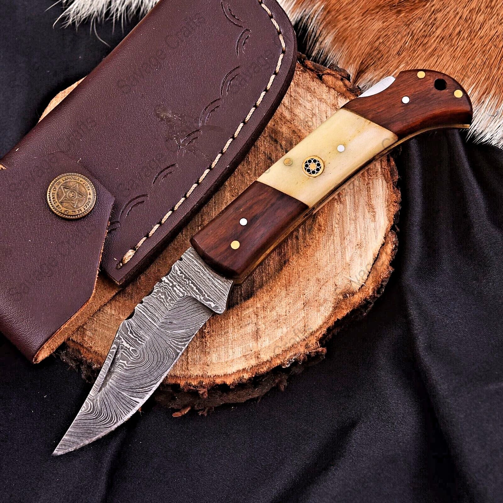 6.5″ Damascus Steel Folding/Pocket Knife – Wood & Bone