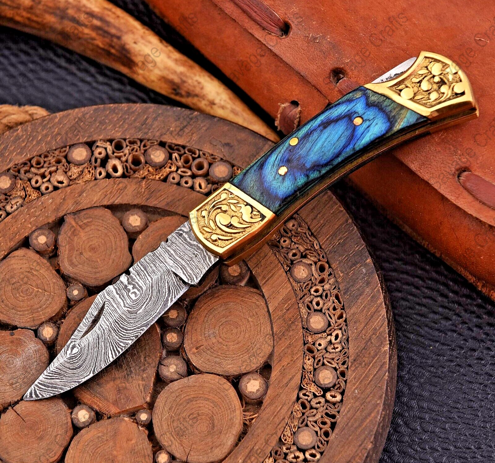 7.10″ Damascus Steel Folding/Pocket Knife – Wood Handle