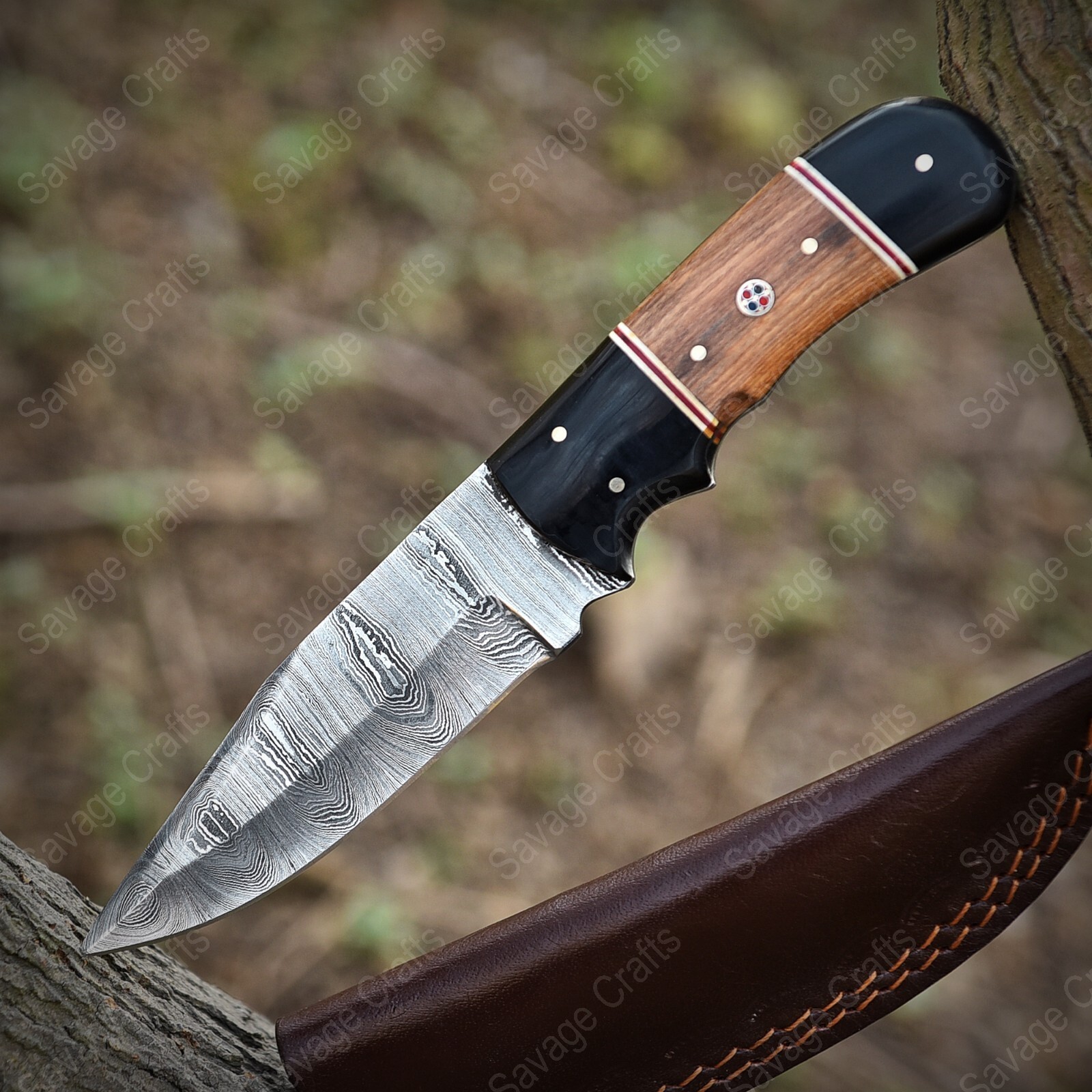 8″ Damascus Steel Skinner Knife – Wood & Horn