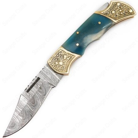 7.5″ Damascus Steel Folding/Pocket Knife – Dyed Bone