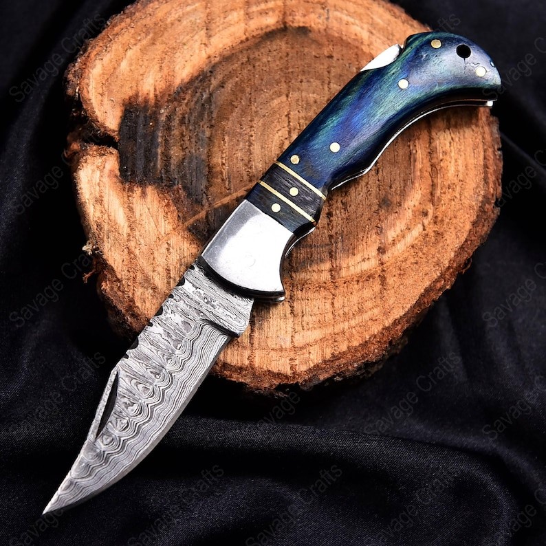 6.5″ Damascus Steel Folding/Pocket Knife – Wood handle