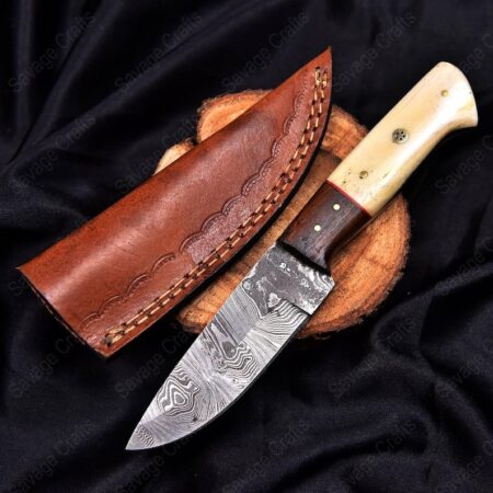 9″ Damascus Steel Skinner Knife – Wood & Bone
