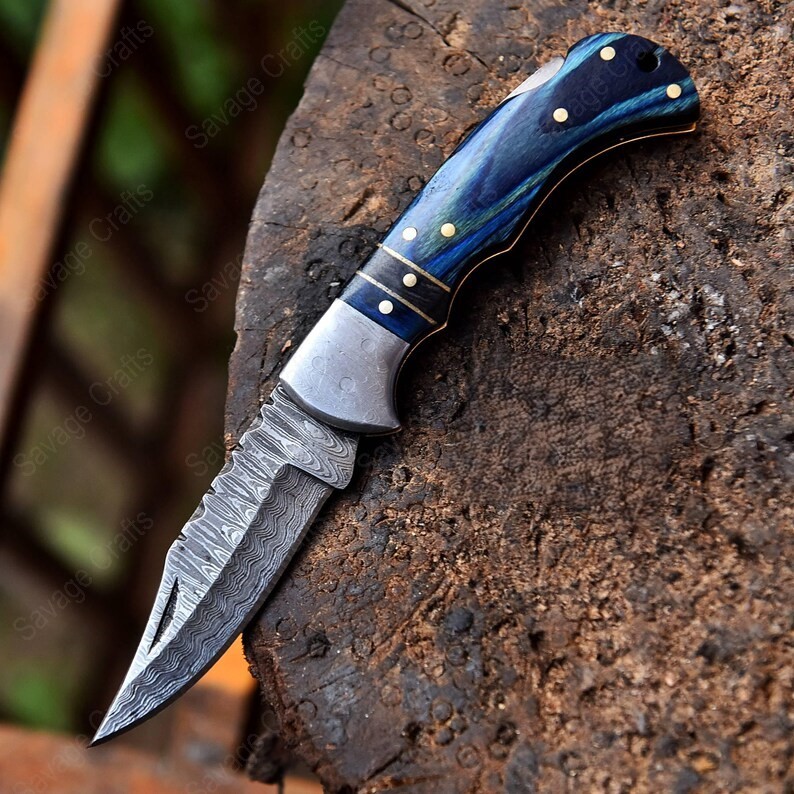 6.5″ Damascus Steel Folding/Pocket Knife – Wood handle