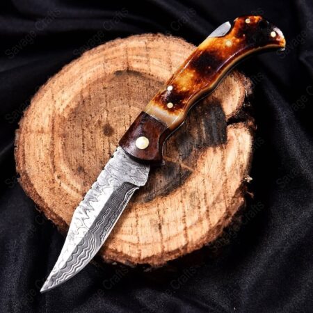 6.5" Damascus Steel Folding/Pocket Knife - Burnt Bone