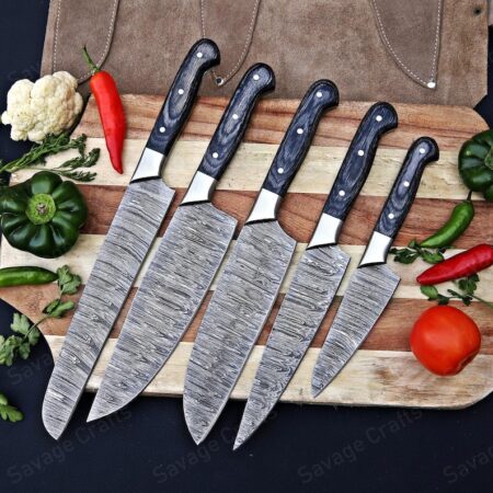 Set of 5 – Damascus Steel Chef Knife Set – Wood Handle