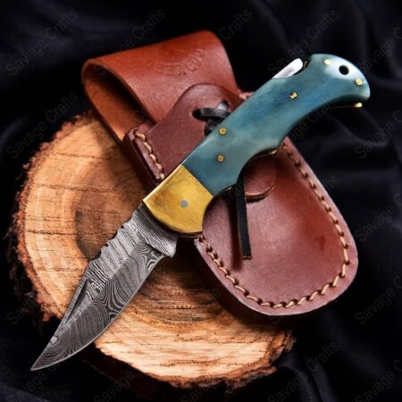 6.5″ Damascus Steel Folding/Pocket Knife – Dyed Bone