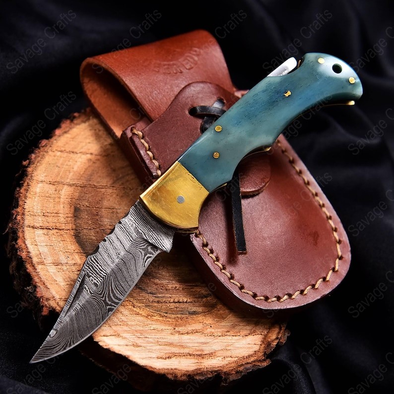 6.5″ Damascus Steel Folding/Pocket Knife – Dyed Bone