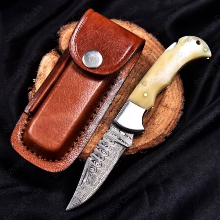6.5″ Damascus Steel Folding/Pocket Knife – Bone handle