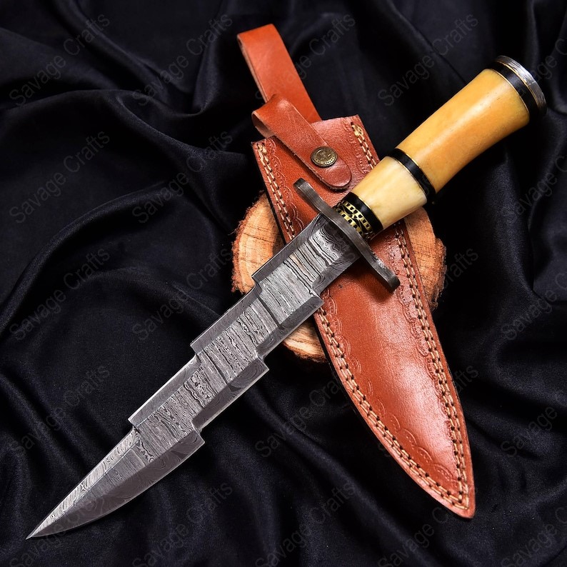 13" Damascus Steel Zigzag Bowie Knife - Bone Handle