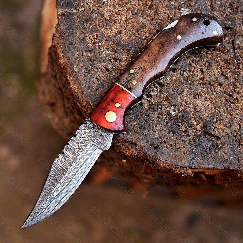 6.5″ Damascus Steel Folding/Pocket Knife – Bone handle