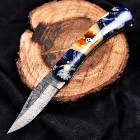7.5″ Damascus Steel Folding/Pocket Knife – Resin & Bone
