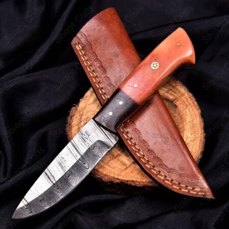 9″ Damascus Steel Skinner Knife – Wood & Bone