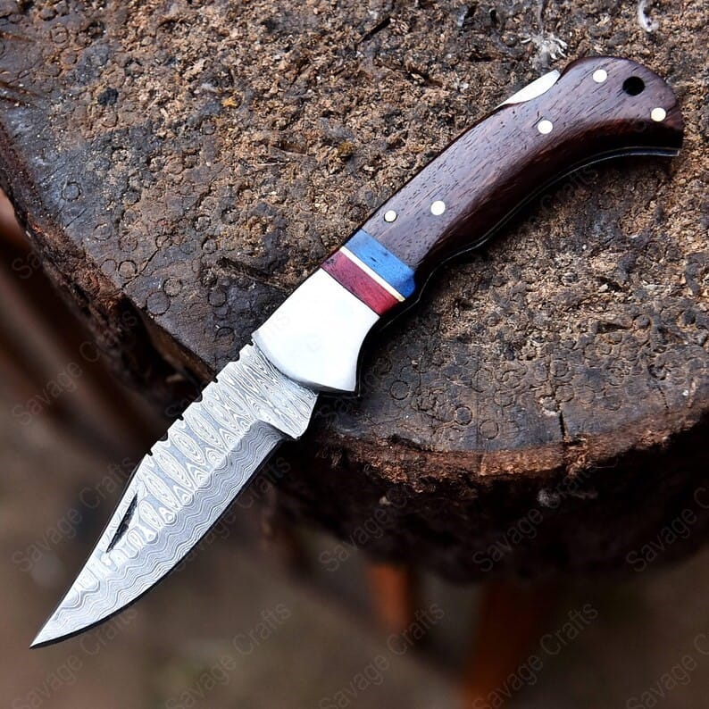 6.5″ Damascus Steel Folding/Pocket Knife – Wood Handle