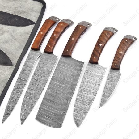 Set of 5 – Damascus Steel Chef Knife Set – Wood handle