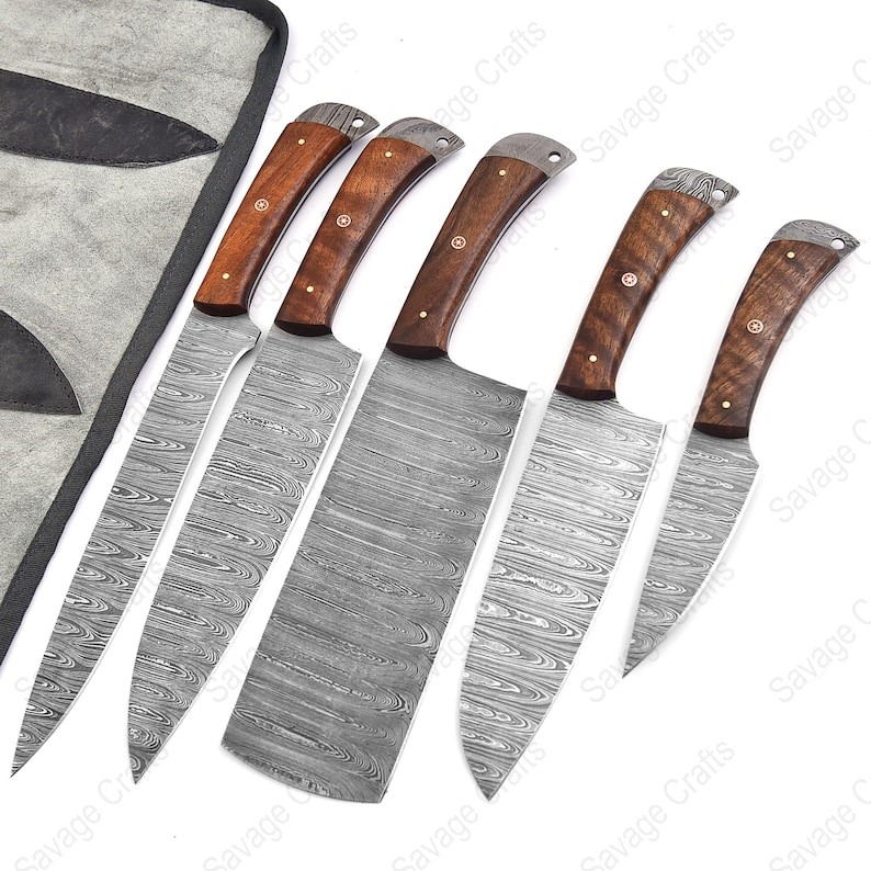 Set of 5 – Damascus Steel Chef Knife Set – Wood handle