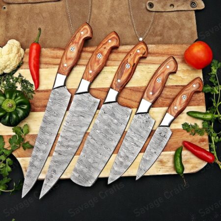 Set of 5 – Damascus Steel Chef Knife Set – Wood Handle