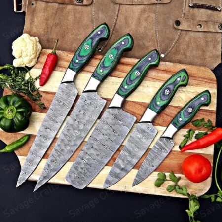 Set of 5 – Damascus Steel Chef Knife Set – Wood Handle