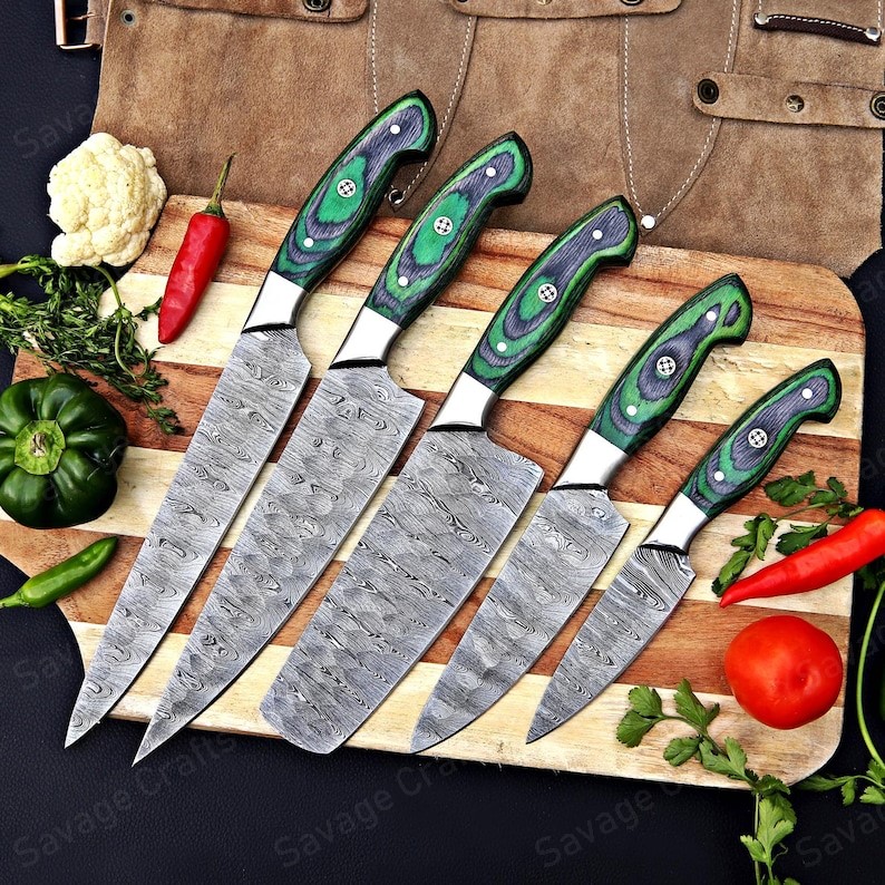 Set of 5 – Damascus Steel Chef Knife Set – Wood Handle