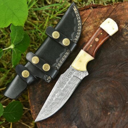 9.75″ Damascus Steel Skinner Knife – Wood & Bone