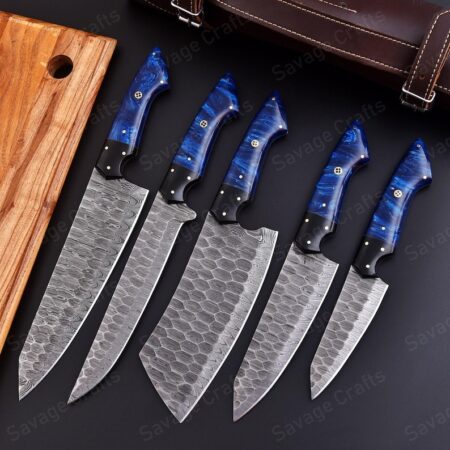 Set of 5 – Damascus Steel Chef Knife Set – Resin & Micarta