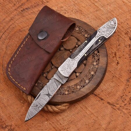 7″ Damascus Steel Folding/Pocket Knife – Wood Handle