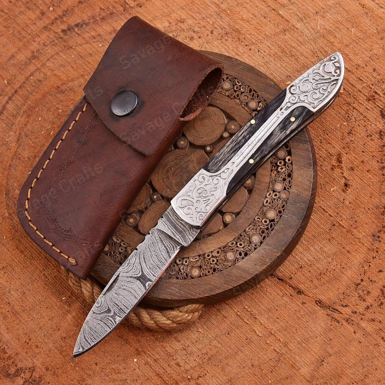 7″ Damascus Steel Folding/Pocket Knife – Wood Handle