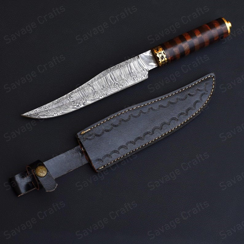 13″ Damascus Steel Hunting Bowie Knife – Wood Handle