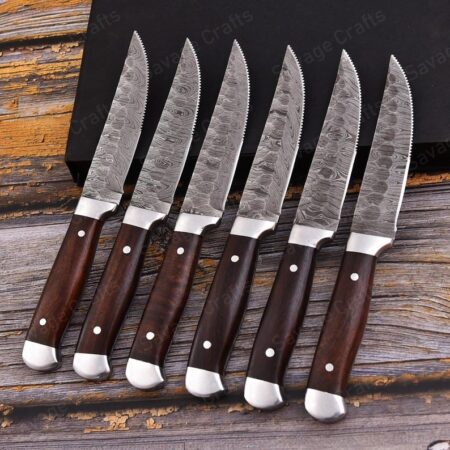 Set of 6 – Damascus Steel Steak Knife Set – Wood Handle