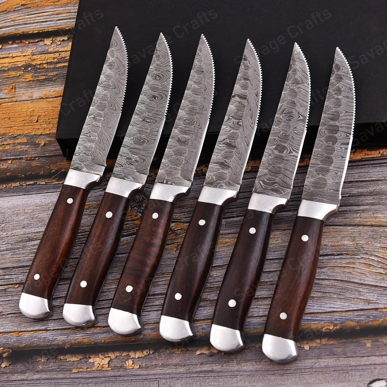 Set of 6 – Damascus Steel Steak Knife Set – Wood Handle