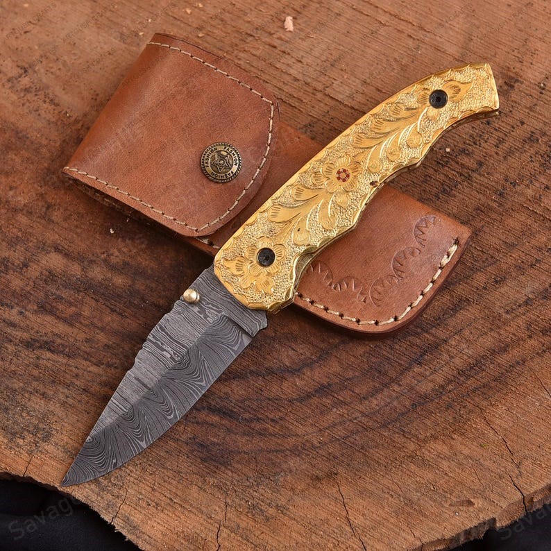 8.5″ Handmade Damascus Steel Folding/Pocket Knife – Brass Handle