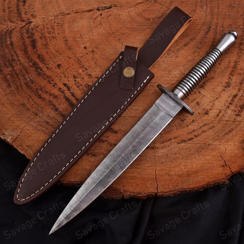 13″ Damascus Steel Stiletto Dagger – Steel Handle