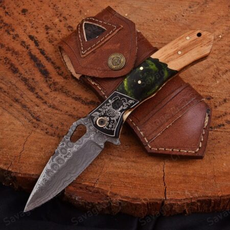 8″ Handmade Damascus Steel Folding/Pocket Knife – Wood & Resin