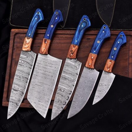 Set of 5 – Damascus Steel Chef Knife Set – Wood Handle