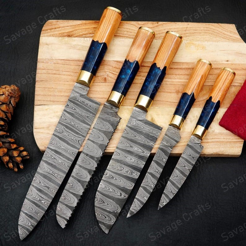 Set of 5 – Damascus Steel Chef Knife Set – Wood & Resin