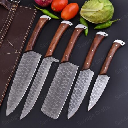 Set of 5 – Damascus Steel Chef Knife Set – Wood Handle