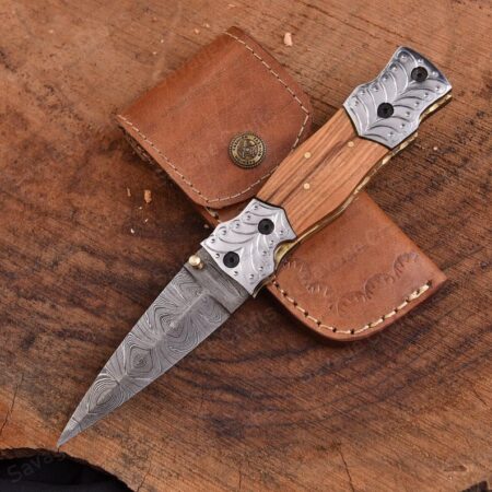 8″ Handmade Damascus Steel Folding/Pocket Knife – Wood Handle