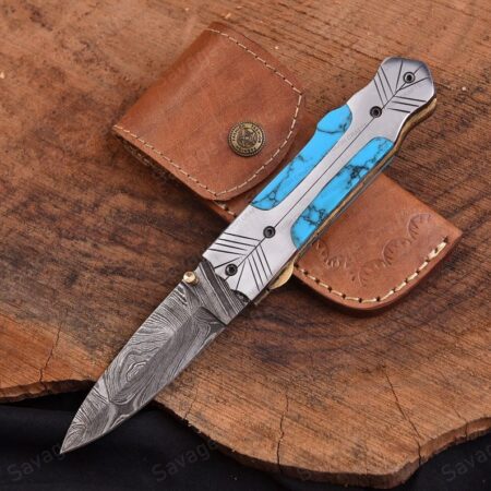 8.5″ Handmade Damascus Steel Folding/Pocket Knife – Resin Handle