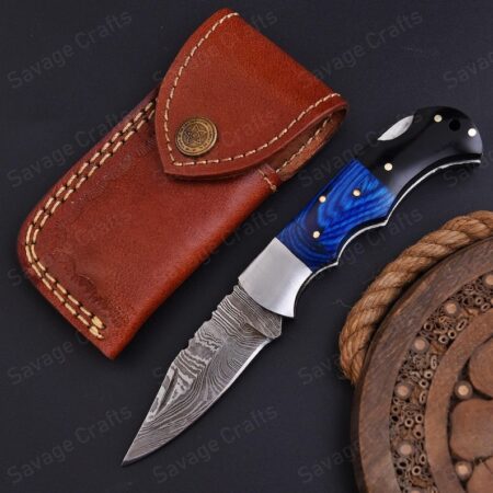 6.5″ Damascus Steel Folding/Pocket Knife – Wood & Micarta