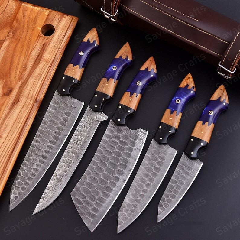 Set of 5 – Damascus Steel Chef Knife Set – Wood & Resin