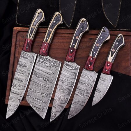 Set of 5 – Damascus Steel Chef Knife Set – Wood Handle