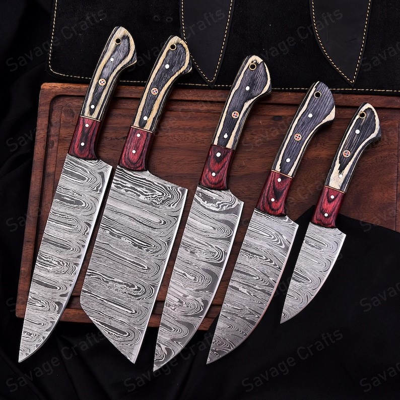 Set of 5 – Damascus Steel Chef Knife Set – Wood Handle