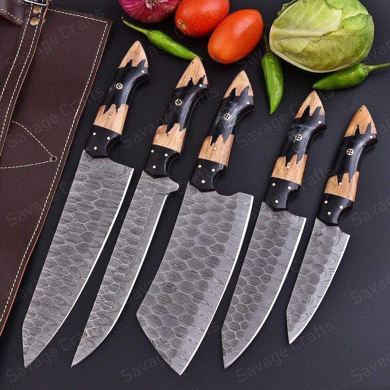 Set of 5 – Damascus Steel Chef Knife Set – Wood & Resin