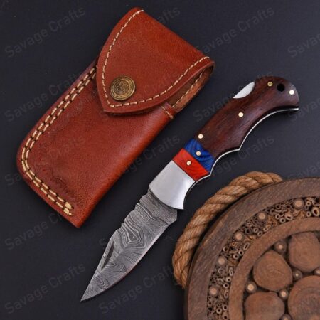 6.5″ Damascus Steel Folding/Pocket Knife – Wood Handle