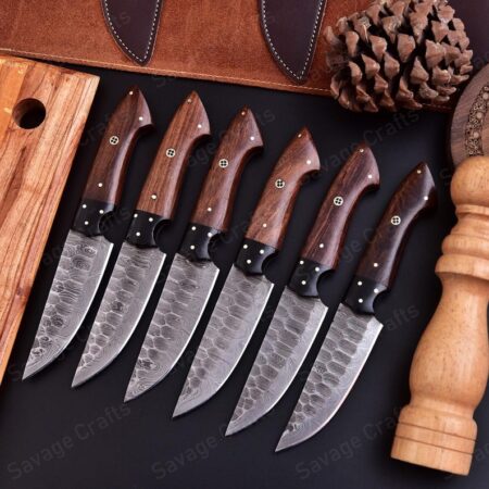 Set of 6 – Damascus Steel Steak Knife Set – Wood Handle