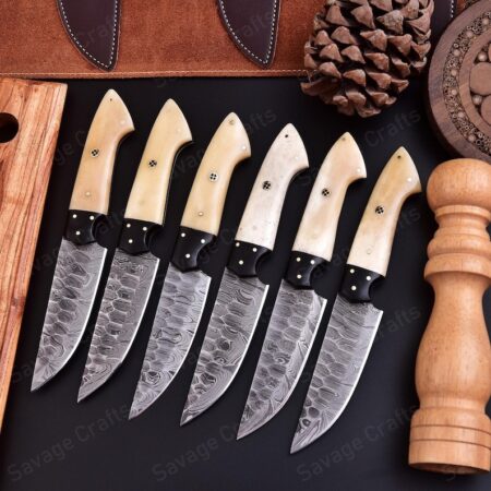 Set of 6 – Damascus Steel Steak Knife Set – Bone Handle